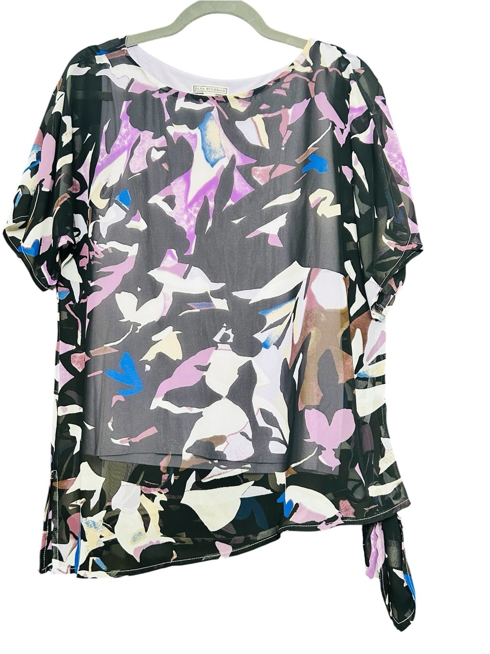 Dana Buchman Black Sheer Floral-Print Overlay Top with Purple and Blue Accents